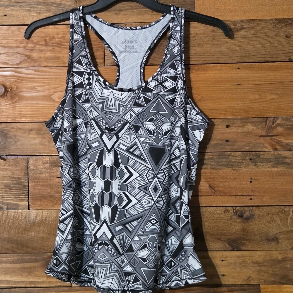 ASICS Women Geometric Print Racerback Athletic Tank Top Gray Black Workout Gym M